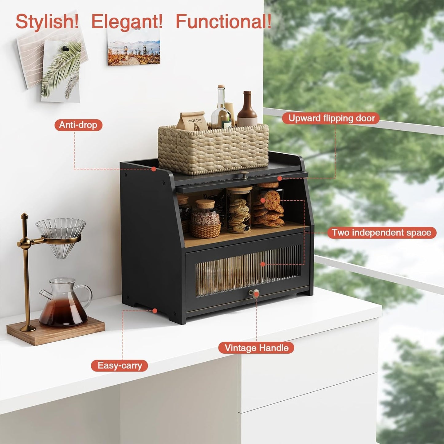 Goozii Large Bread Box for Kitchen Countertop, Black Bread Storage Container for Homemade Bread, Double Layer Farmhouse
