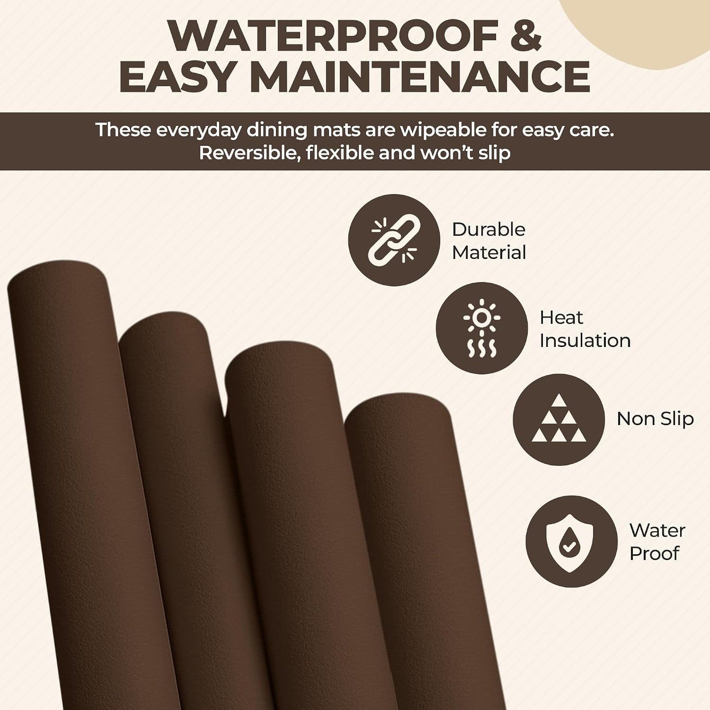 Faux Leather Placemats and Coasters - Set of 4 Round Modern Brown Table Mats for Dining - Heat Resistant, Waterproof &