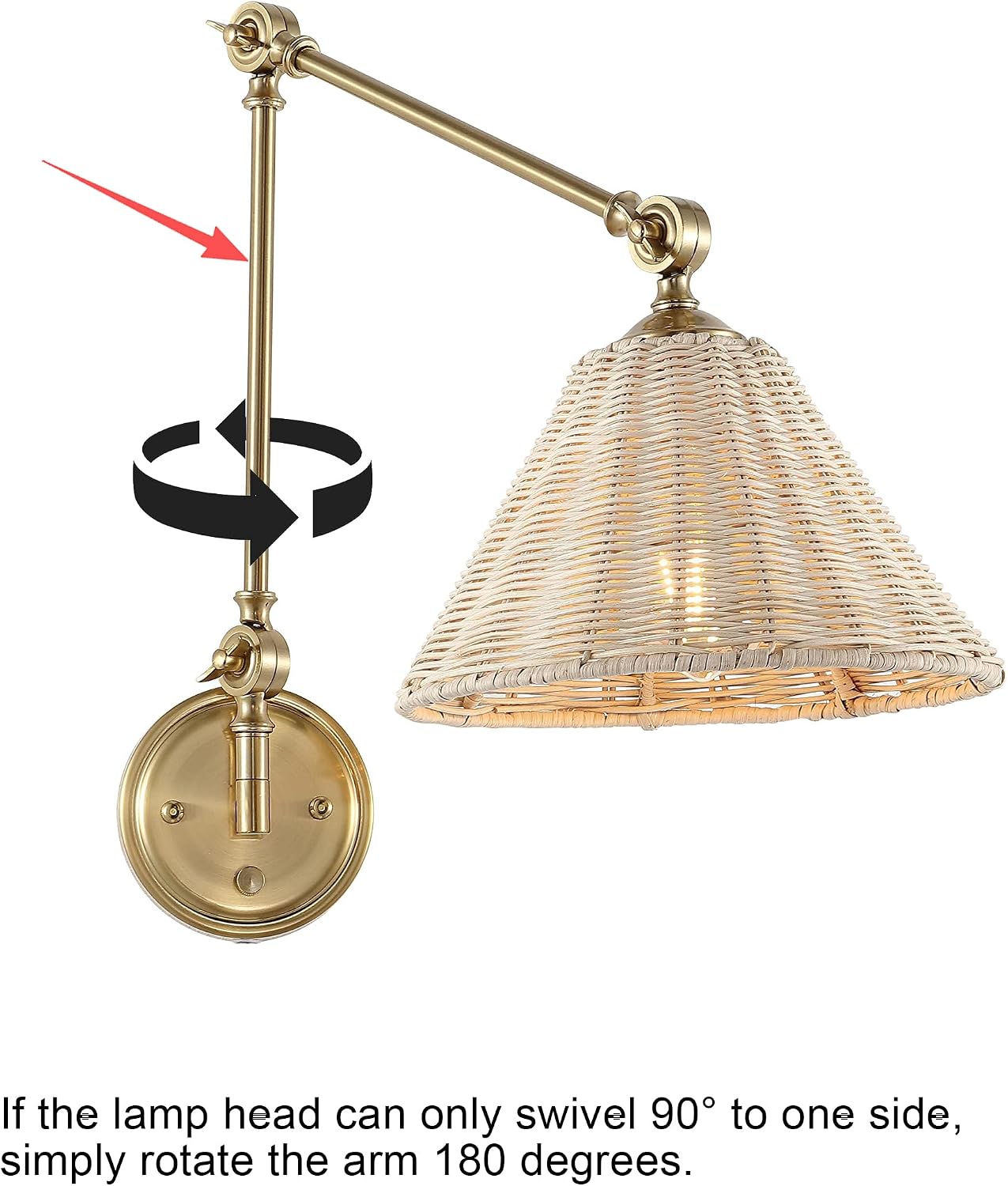 WINGBO Wall Sconce Rattan Wrapped Wall Lamp, Large Lampshade, Adjustable Swing Arm Wall Light Gold Vintage Bedside