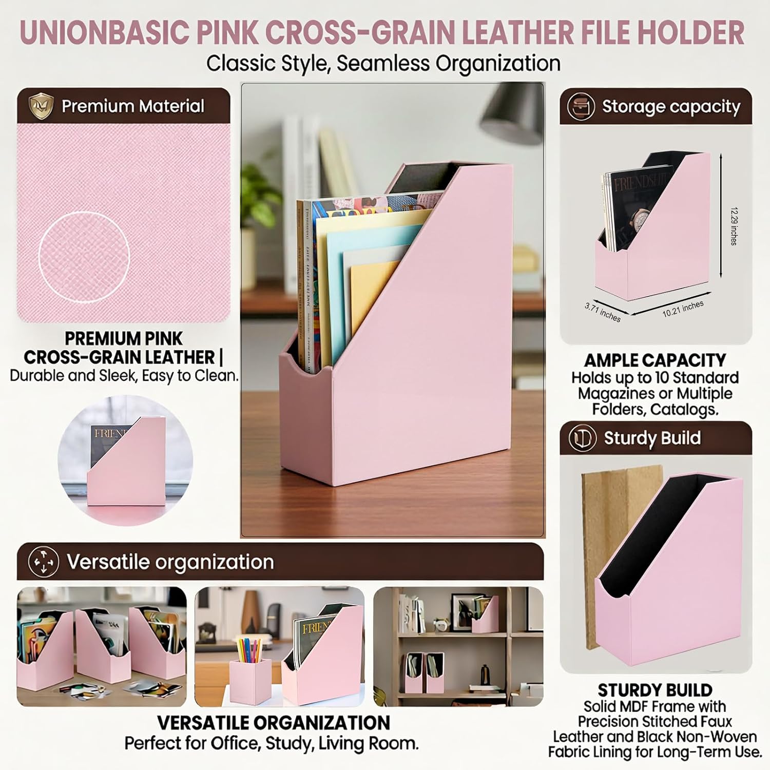 UnionBasic Magazine File Holder, Leatherette Desktop Document Organizer, Home Office Paper Holder File Storage