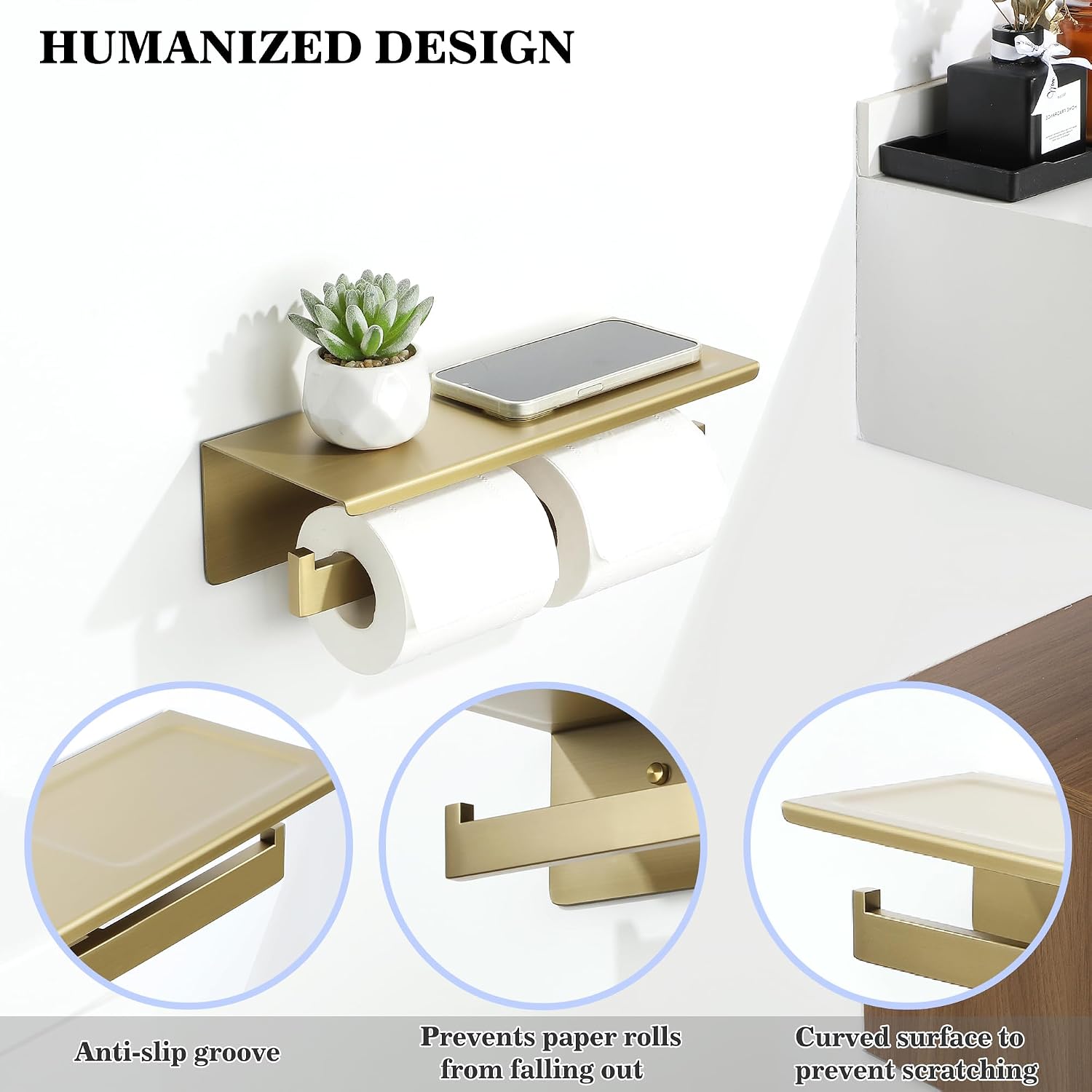 Alise Gold Double Toilet Paper Holder with Shelf,Self Adhesive or Drilling | Bathroom Tissue Holder Wall Mount,SUS304