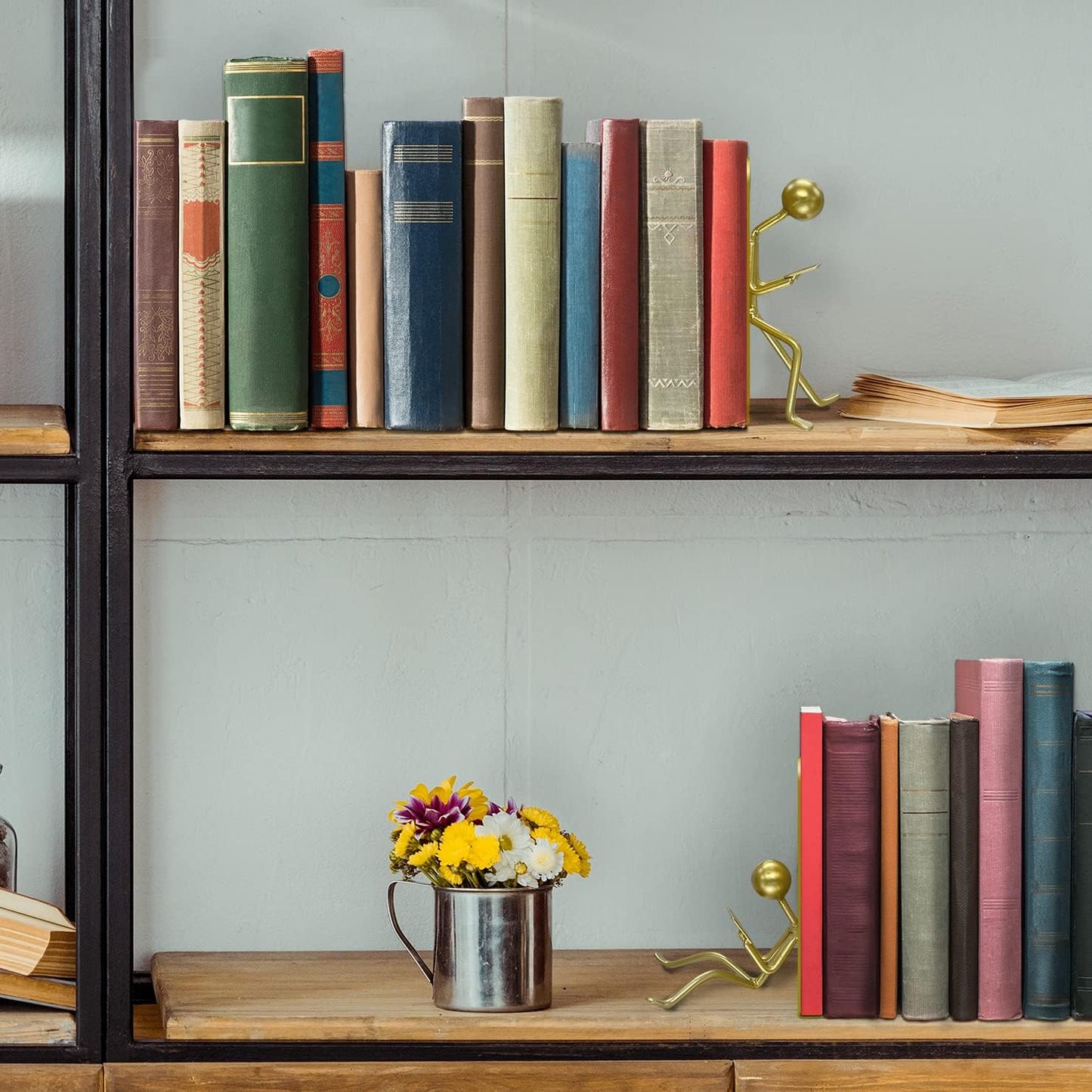 Heavy Duty Metal Unique Office Desk Bookends for use as Bookshelf Decor / Gold