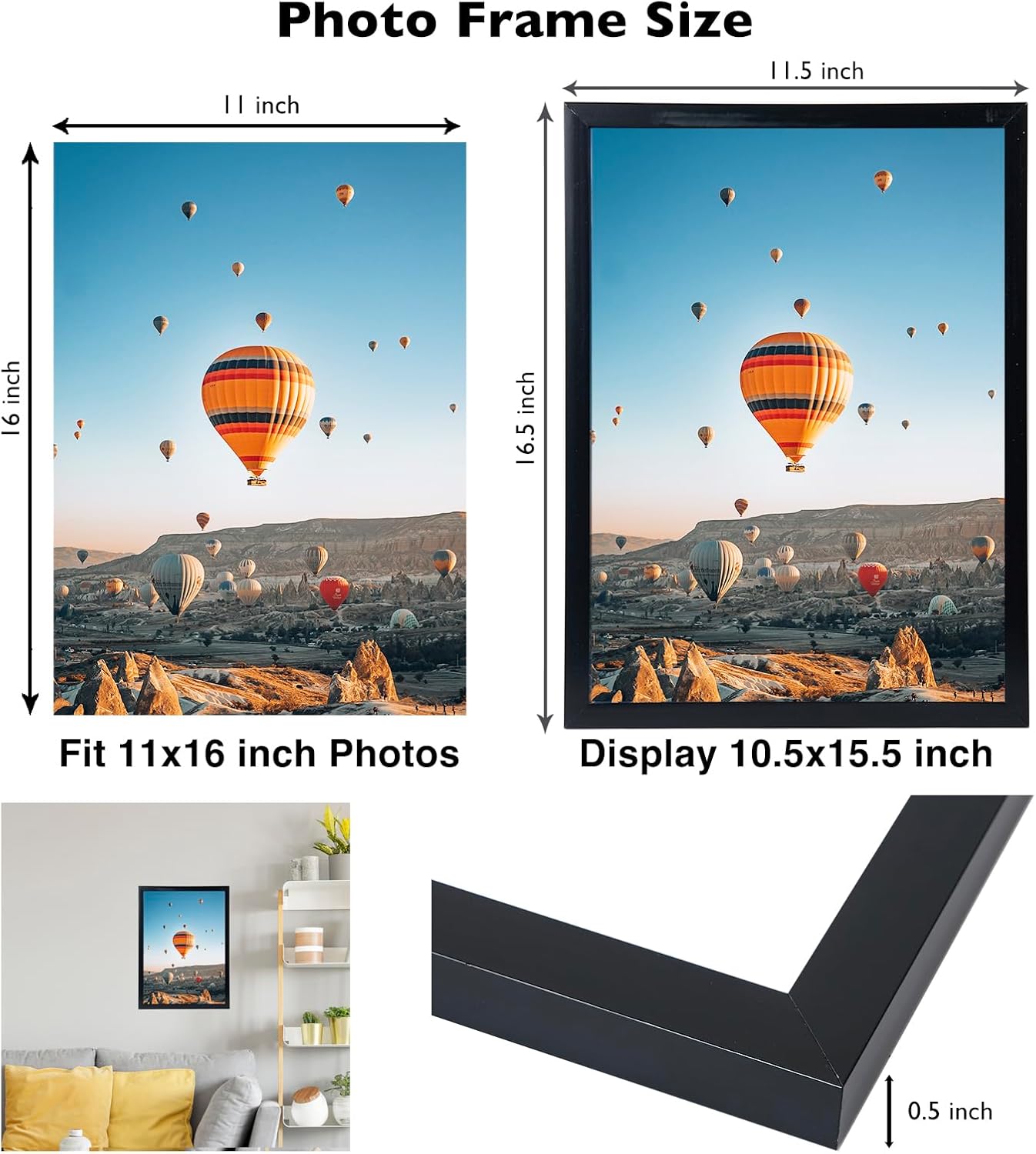 JCJMY 11x16 Black Picture Frame Set of 6, Horizontal and Vertical Formats for Wall Hanging, 11 x 16 Wall Gallery Poster