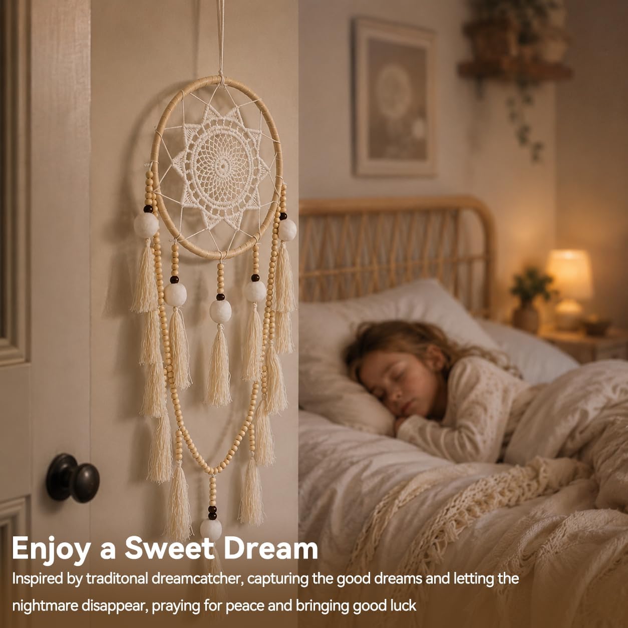 Macrame Wall Hanging Dream Catcher / White Poms
