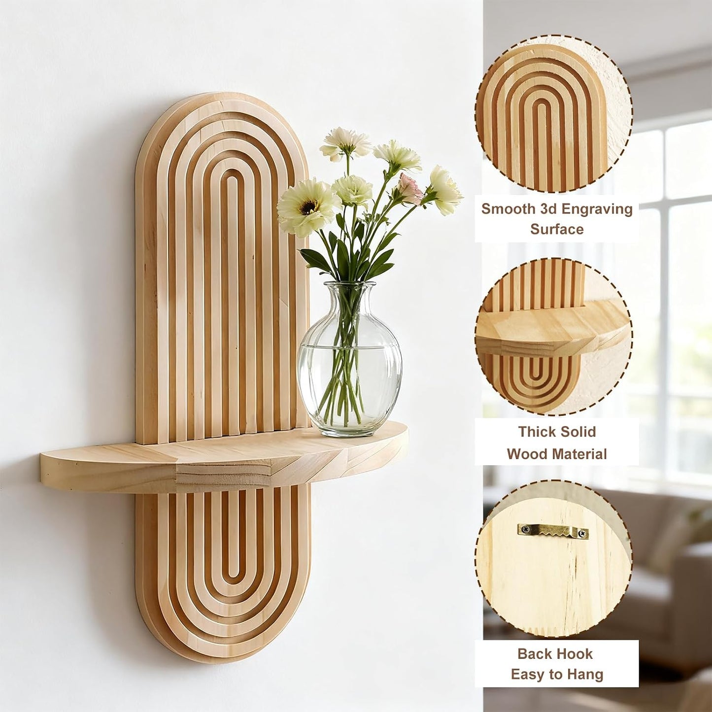 Handmade Solid Wood Floating Shelves Rainbow Arch Trinket Storage Rack Wall / 1 Beige / Set of 2