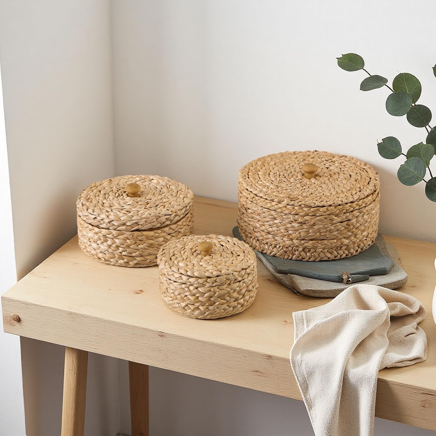 Boho Organizer / Handwoven Wicker Basket / Brown / Set of 3