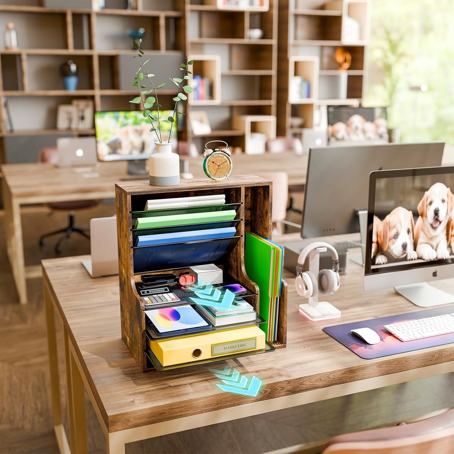Simple Trending 7- Tier Desk File Organizer, Paper Organizer, Rustic Brown | Adjustable Letter Trays, Wooden Desk