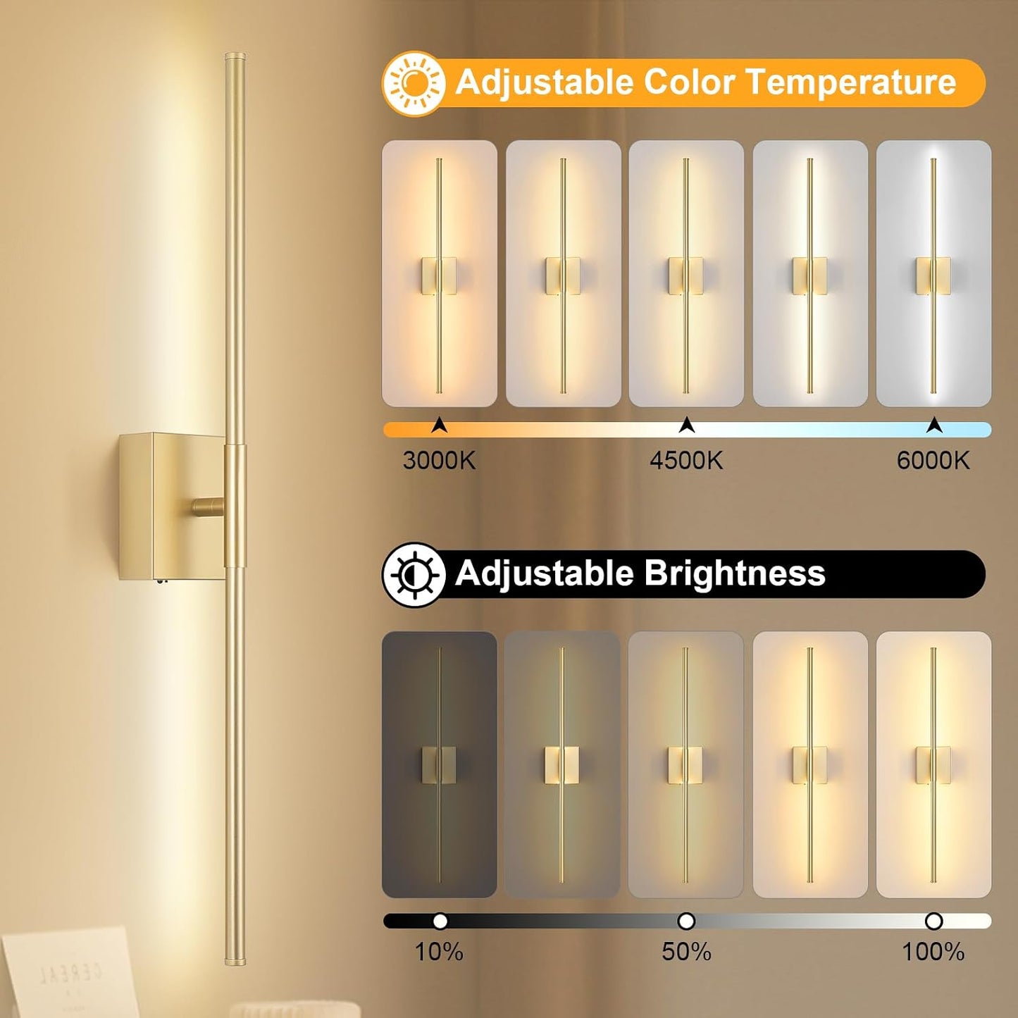 Battery Operated Wall Sconce Set of Two with Remote Control, 3000K-6000K Dimmable Gold Wall Lights, Timable LED
