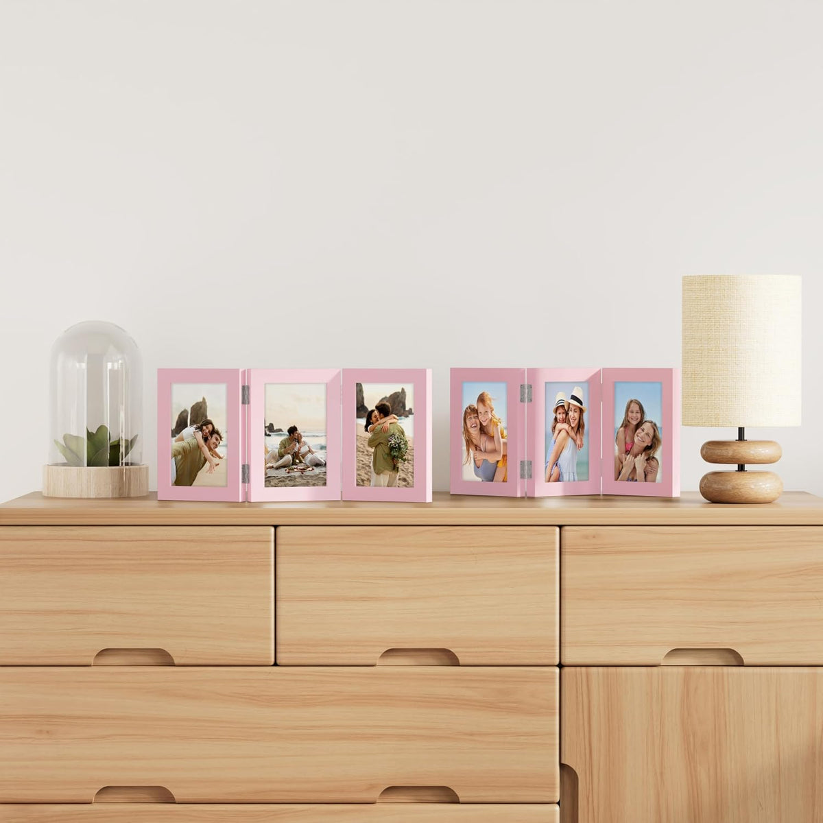 decorUhome Pink Triple 5x7 Picture Frame Vertical, MDPK08 | "Z" Shape Folding Design Engineered Wood Trifold Photo