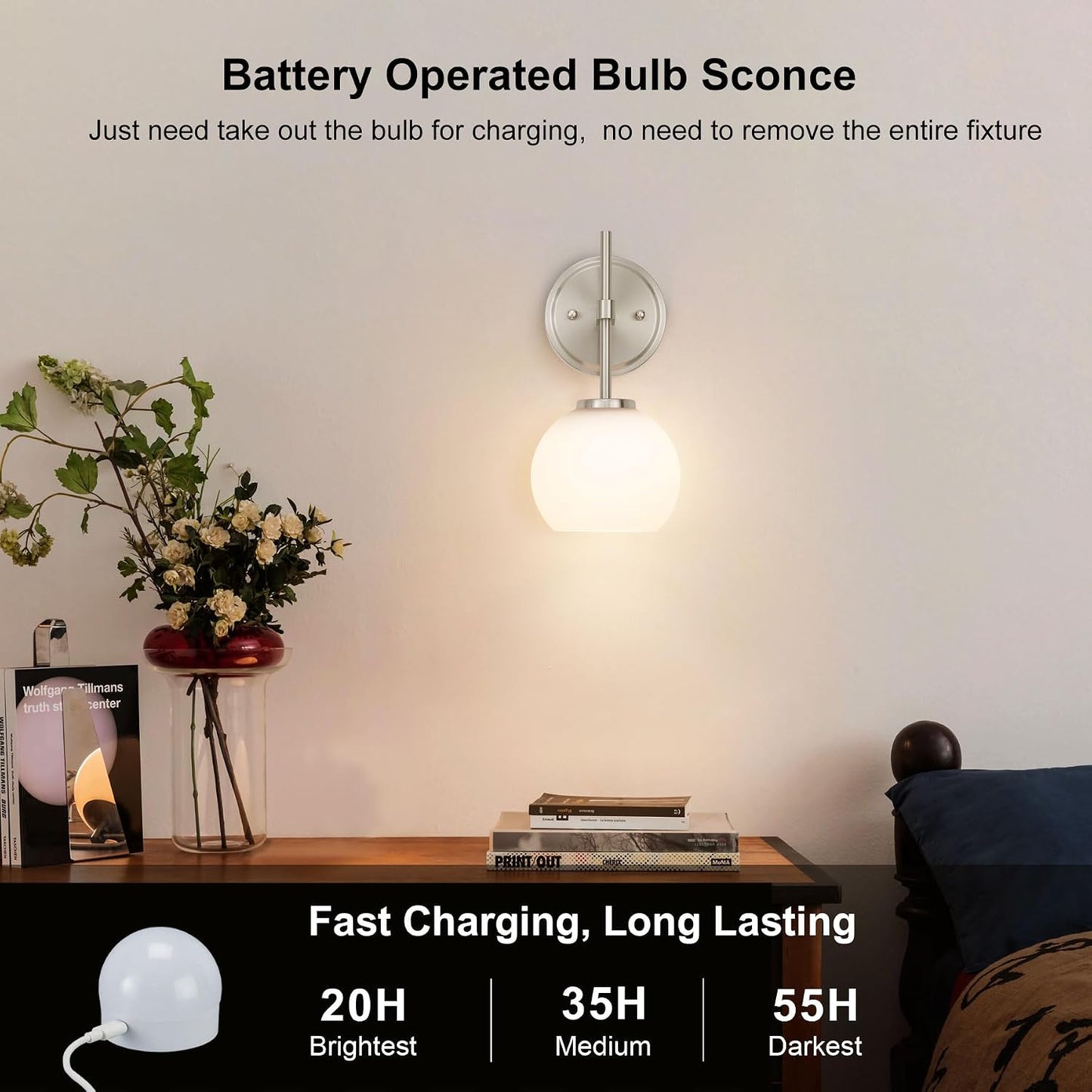 Brushed Nickel Battery Operated Wall Sconce Set of 2, Wireless Rechargeable Sconces Wall Lighting with Remote Control