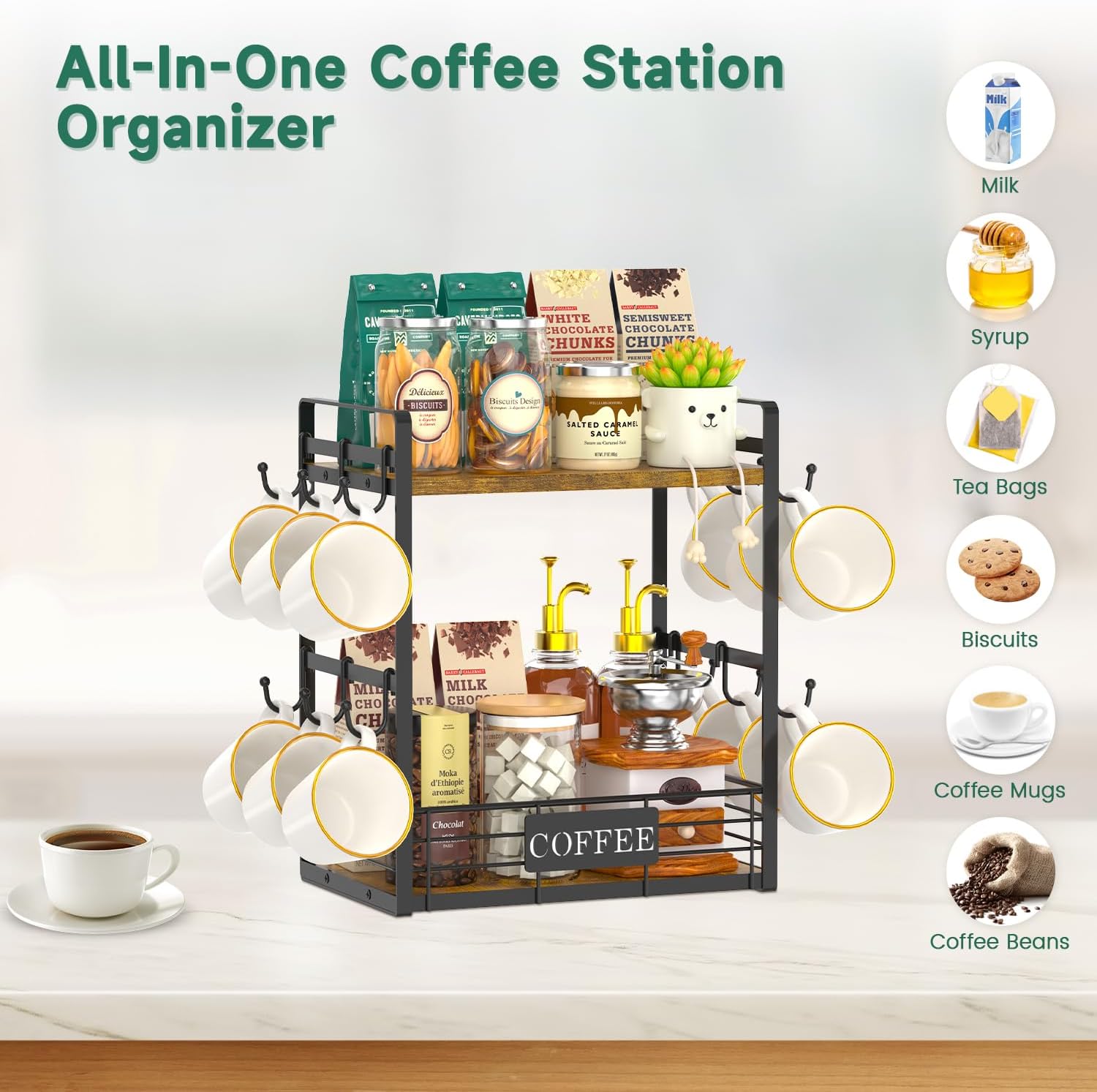 EsLuker.ly Coffee Mug Cup Holder Tree Bar Station Organizer, 2 Tier | Mug Stand Rack for Countertop Kitchen, Storage