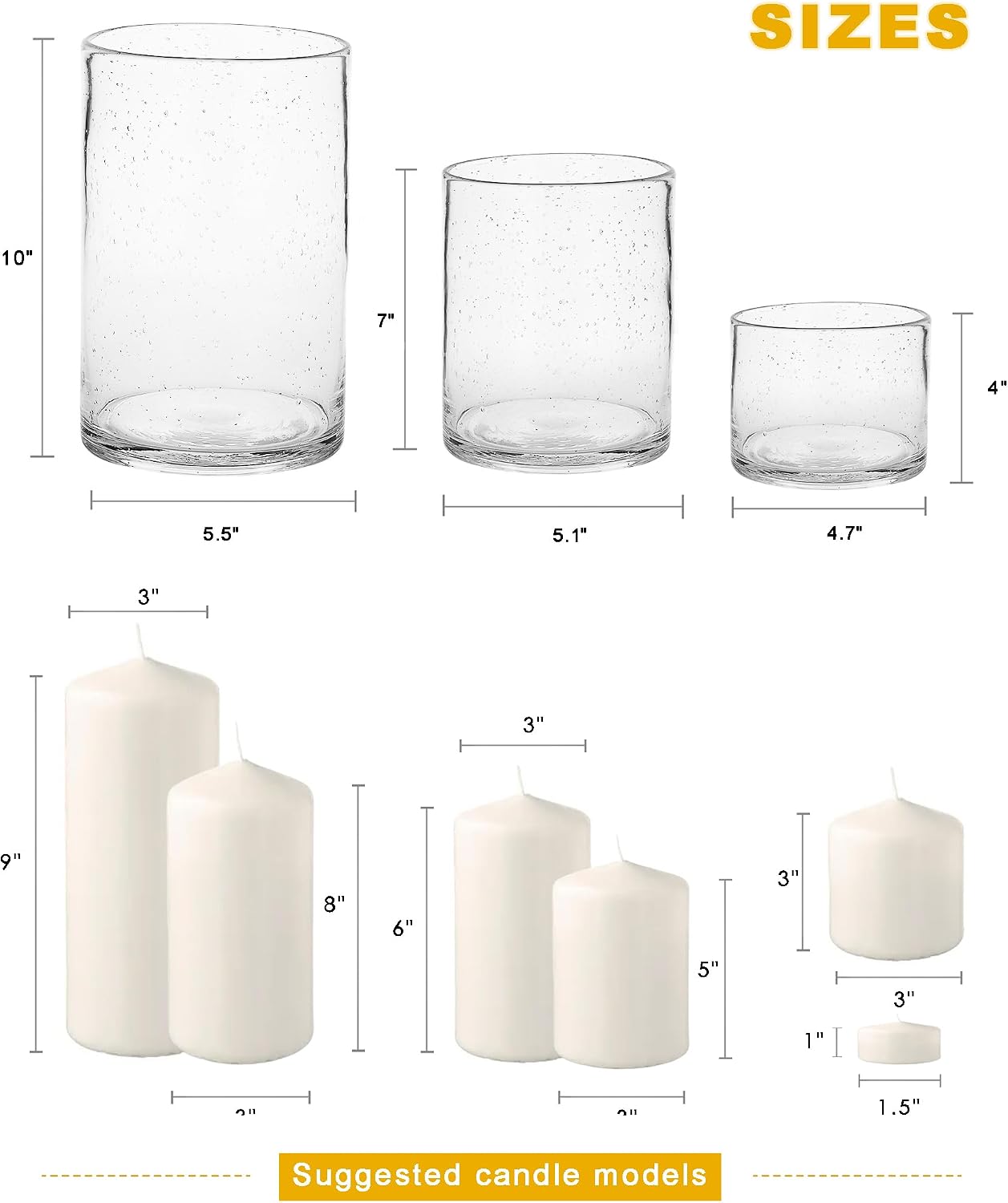 Hurricane Candle Holders Glass Cylinders Set of 3 (10" 7" 4") | Clear Seeded Bubbles, Cylinder Vases For Pillar
