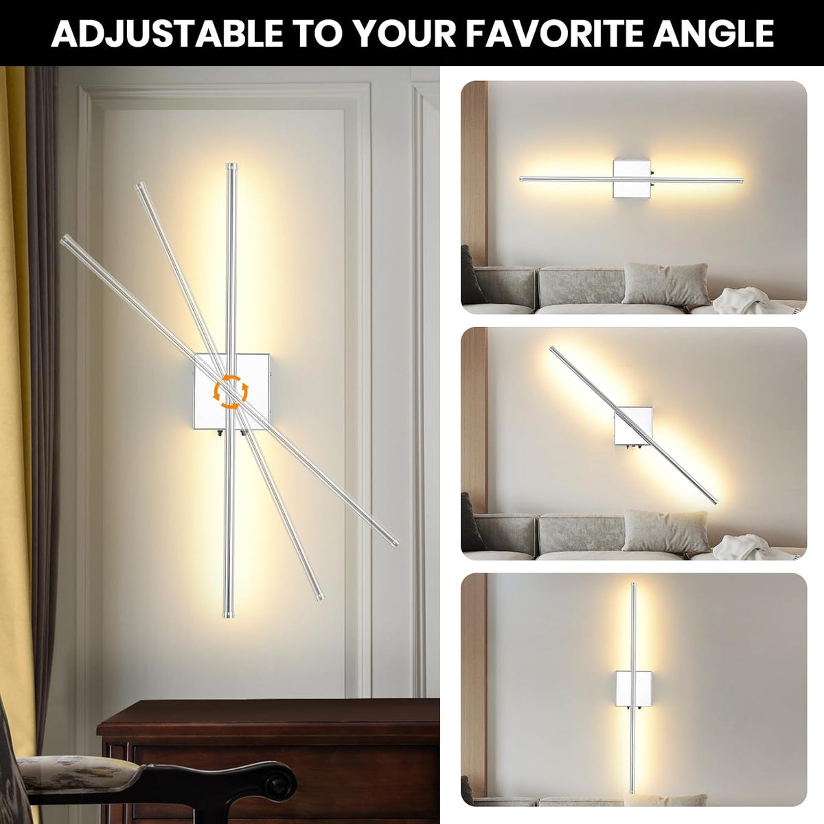 LED Wireless Battery Operated Wall Sconces, 11000mAh Rechargeable Chrome Wall Lights with Remote Control, 350°Rotate