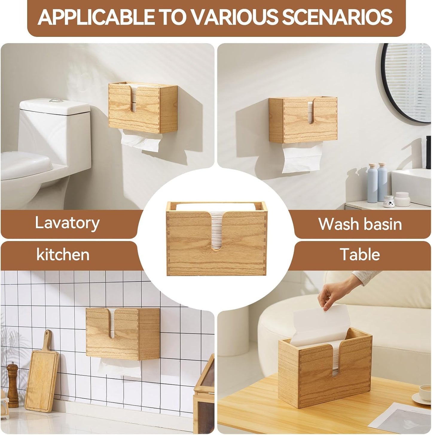 KIRIGEN Multifold Paper Towel Dispenser, Wall Mount or Countertop Natural | Solid Wood Holder Holds up to 150 C-Fold or