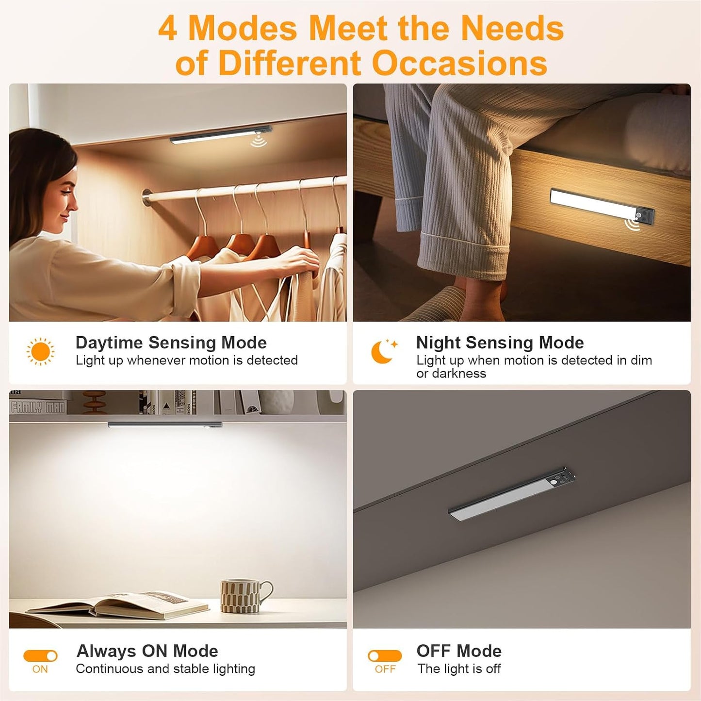 Gritin 10.2inch Under Cabinet Lighting Rechargeable 2 Pack | 3 Color Temps & 5 Brightness,Super Bright,4 Modes,Motion