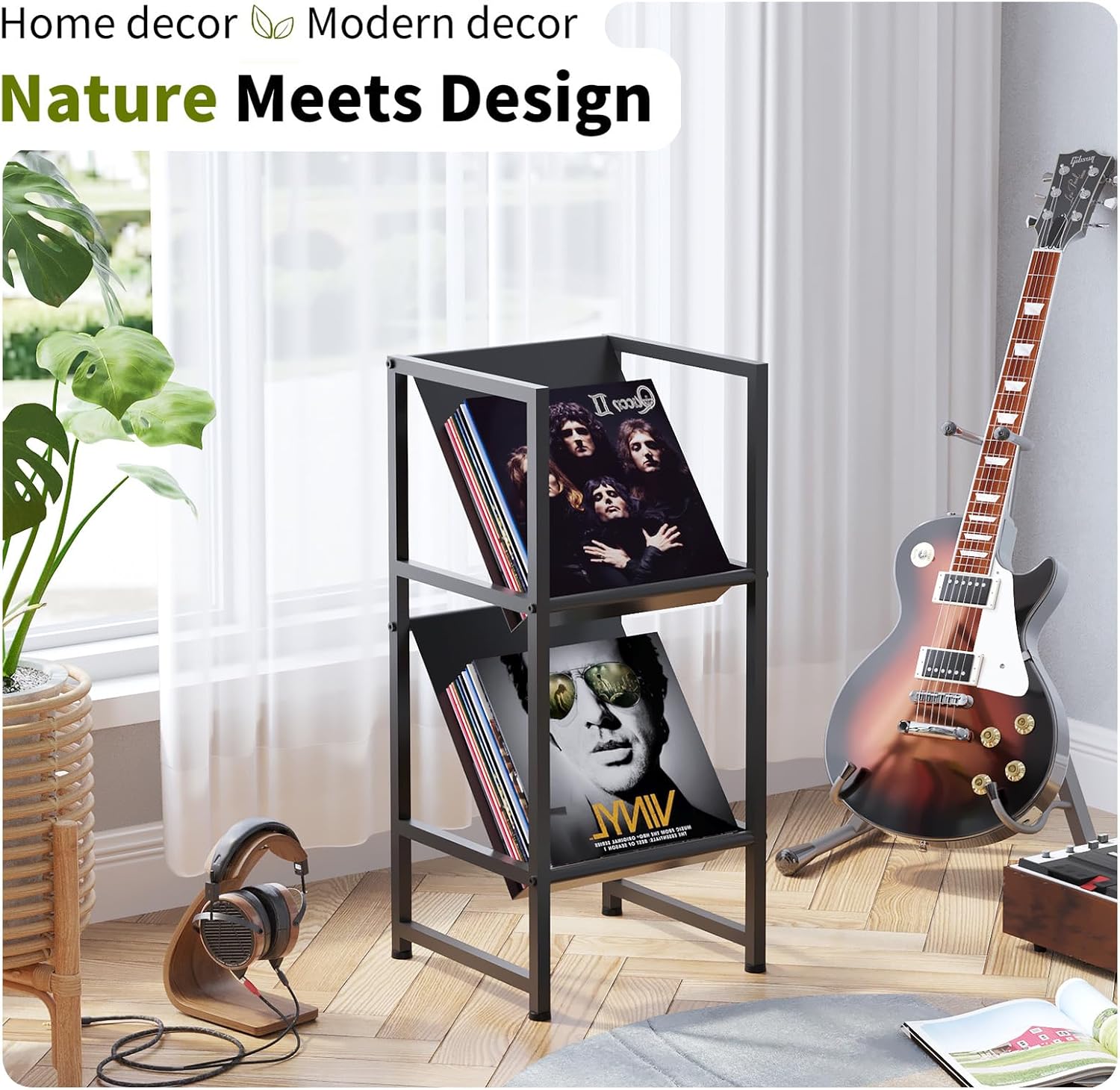 2-Tier Black Metal Vinyl Record Storage Holder for Collection | Conceptual Design, Sturdy Black Metal Frame, 2-Tier