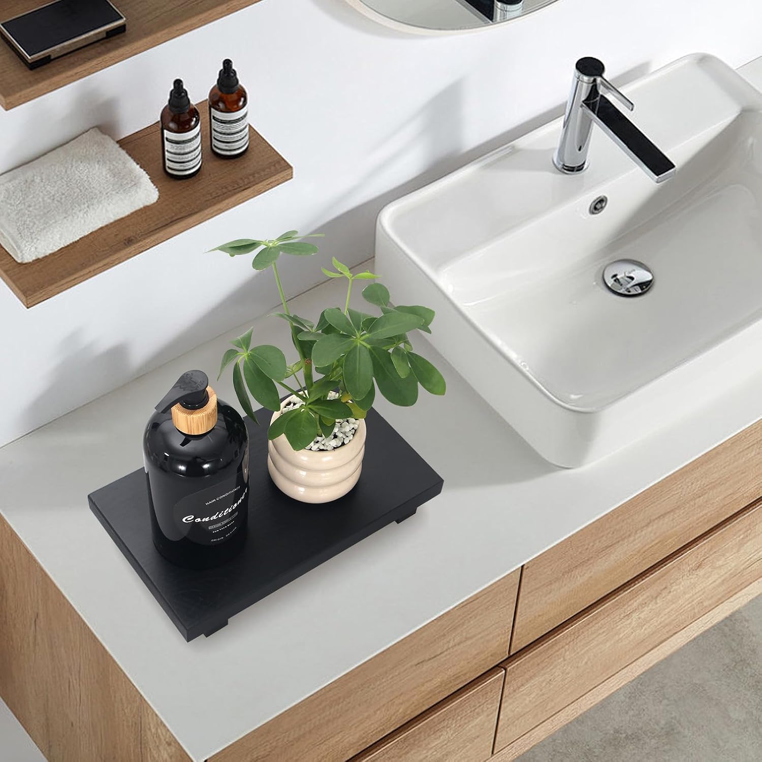 Wooden Bathroom Tray Decorative Kitchen Countertop Trays Farmhouse Wood Riser / 10 x 6 x 1.6 / Black