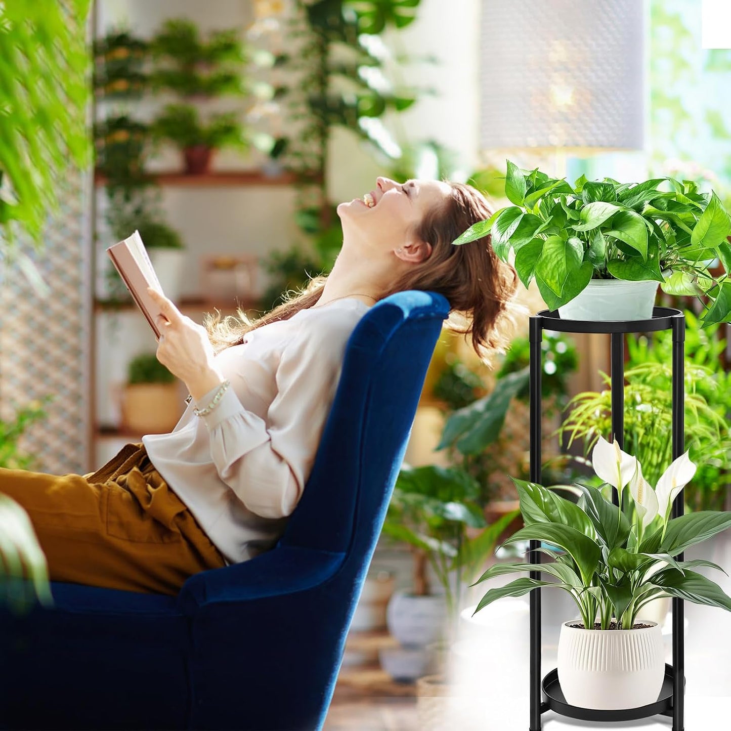 2 Tier Plant Stand Indoor Tall, Black Corner Tiered Round Plant Stand for Indoor Multiple Plants, Metal Flower Pot
