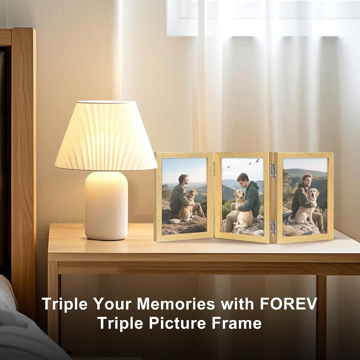 TOFOREVO 4x6 3 Picture Frame Triple Wooden Hinged Photo Frame Definition Glass Stand Vertically on Desktop or Tabletop