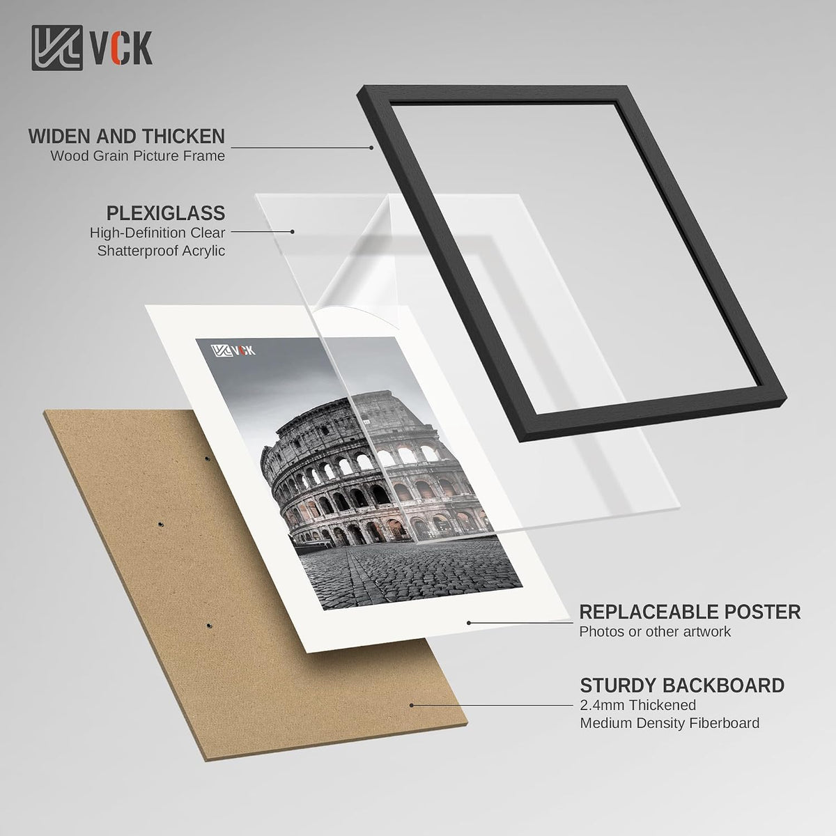 VCK 22.375x34 Poster Frame Black 4 Pack, Wide Thick Wood Border, for Print | Exclusive Woodgrain, Wall Hanging, HD