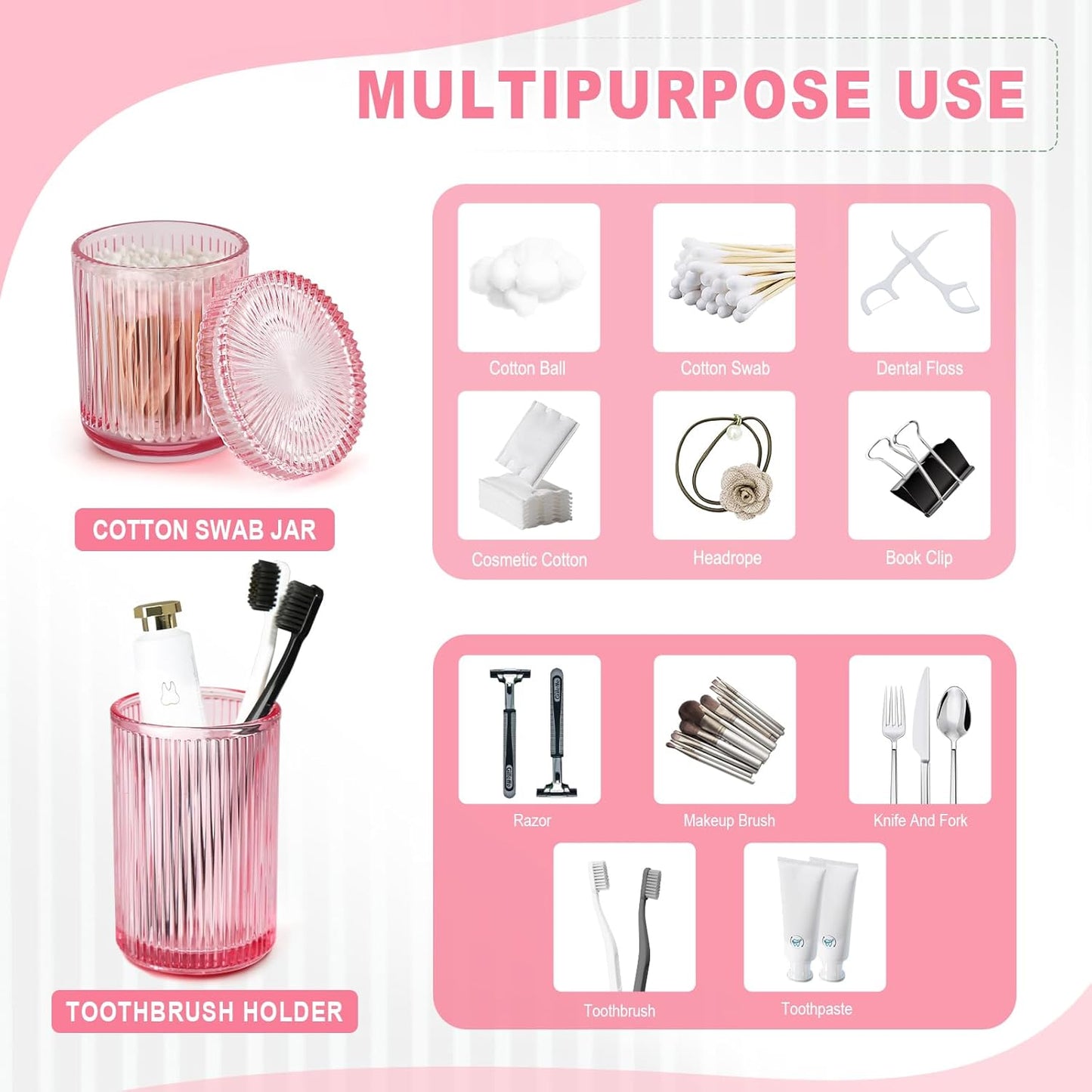 Pink Bathroom Accessories Set, 4 Pcs Glass Bathroom Accessory Set, Pink Soap Dispenser and Toothbrush Holder Set, Qtip