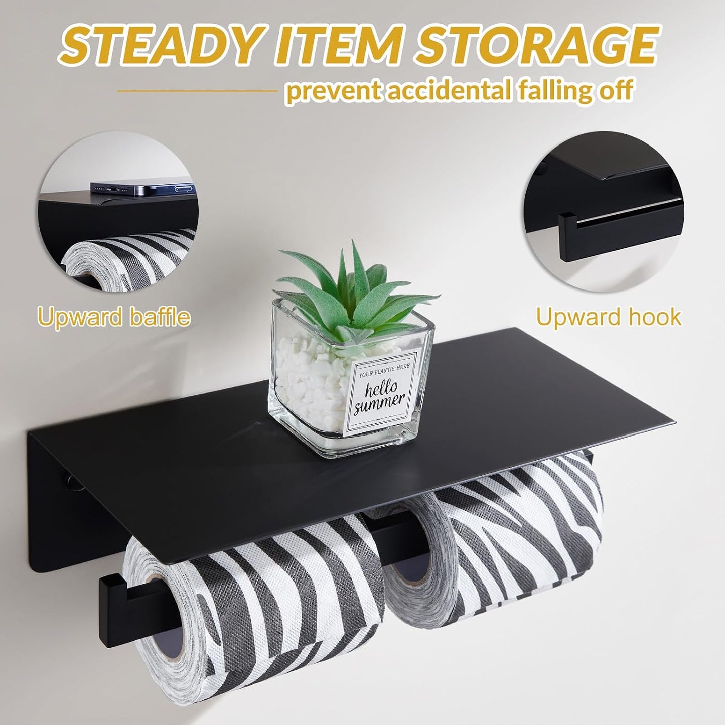 APLusee Matte Black Double Toilet Paper Holder with Shelf, Wall Mounted | 304 Stainless Steel, Rustproof for Bathroom