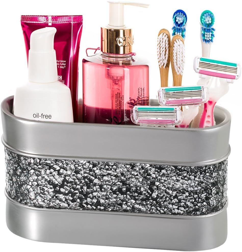 Creative Scents Crackled Glass Silver Toothbrush and Toothpaste Holder for Bathroom - Decorative Bathroom Counter