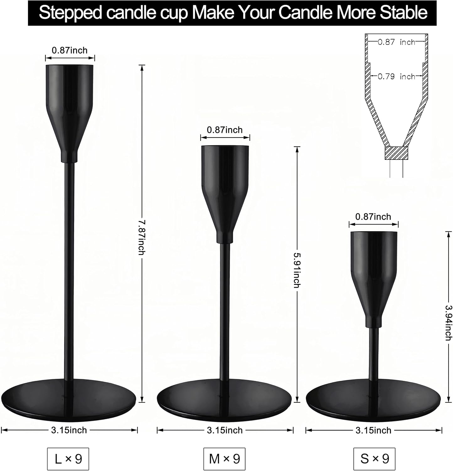 Black Candlestick Holders, Metal Taper Candle Holders,Bulk Set of 27 | Elegant matte black candle stands, 3 heights