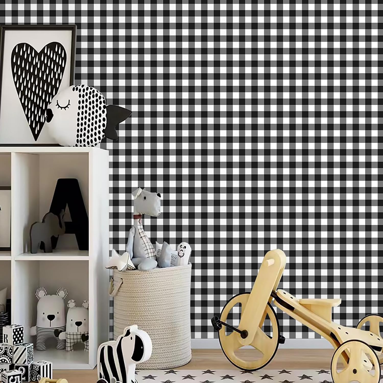 Plaid Peel and Stick Wallpaper Removable Checkered Contact Paper / Black / 17.3 x 240