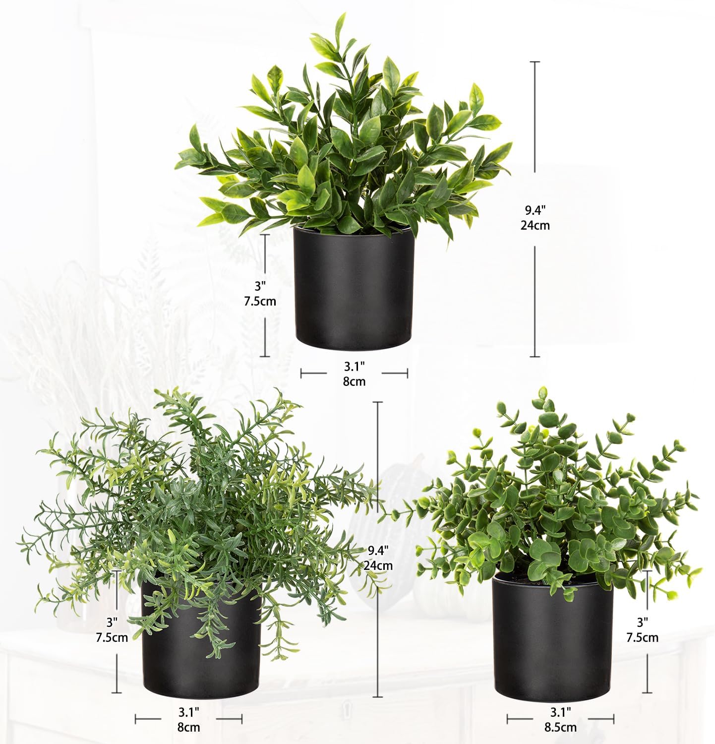 Plastic Pot Artificial Potted Plants for Rustic Farmhouse Decor / Plastic Pot #01 / Set of 3