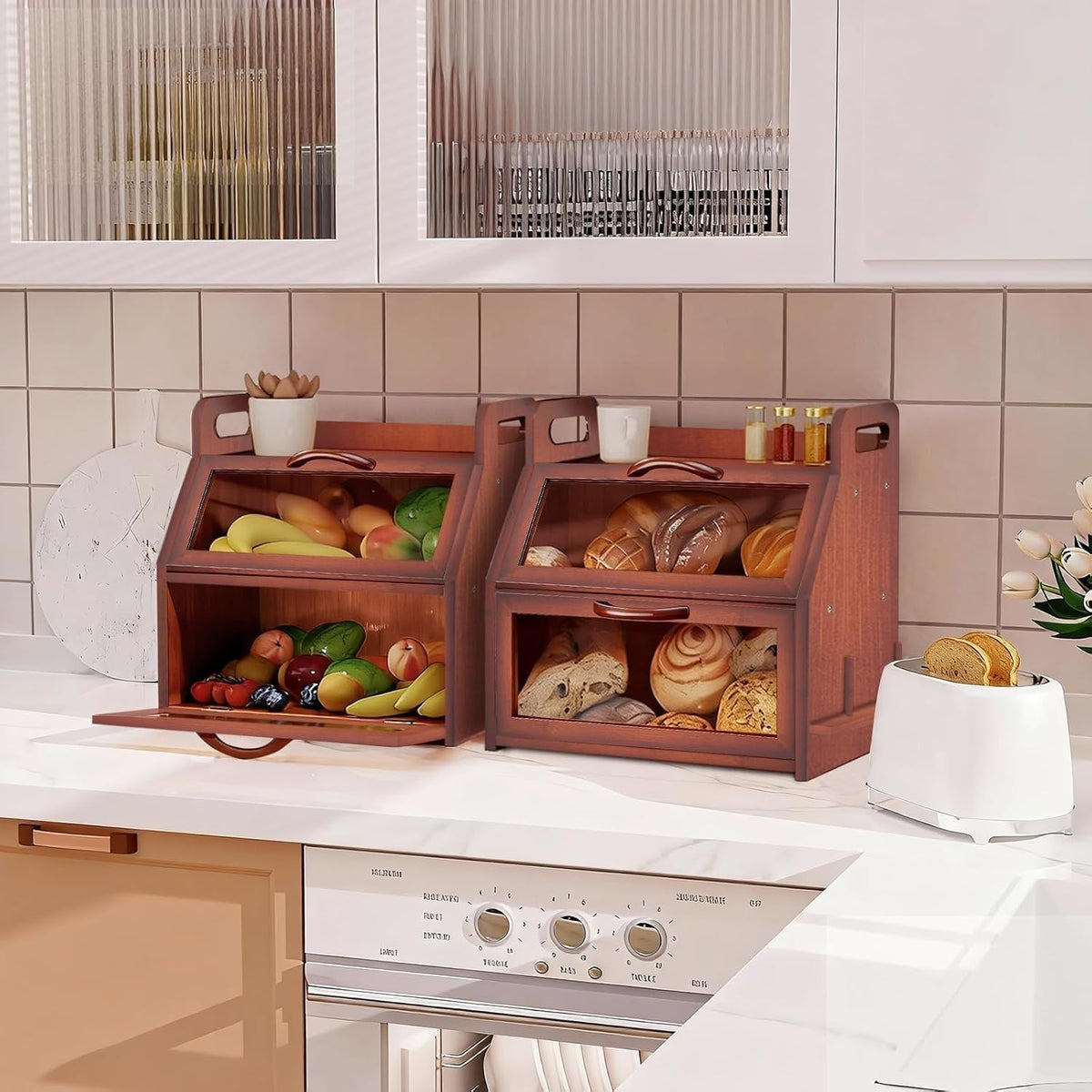 BAMBANG Bread Box for Kitchen Countertop, Extra Large Double Layer Bamboo Breadbox with Clear Window, Farmhouse Wooden