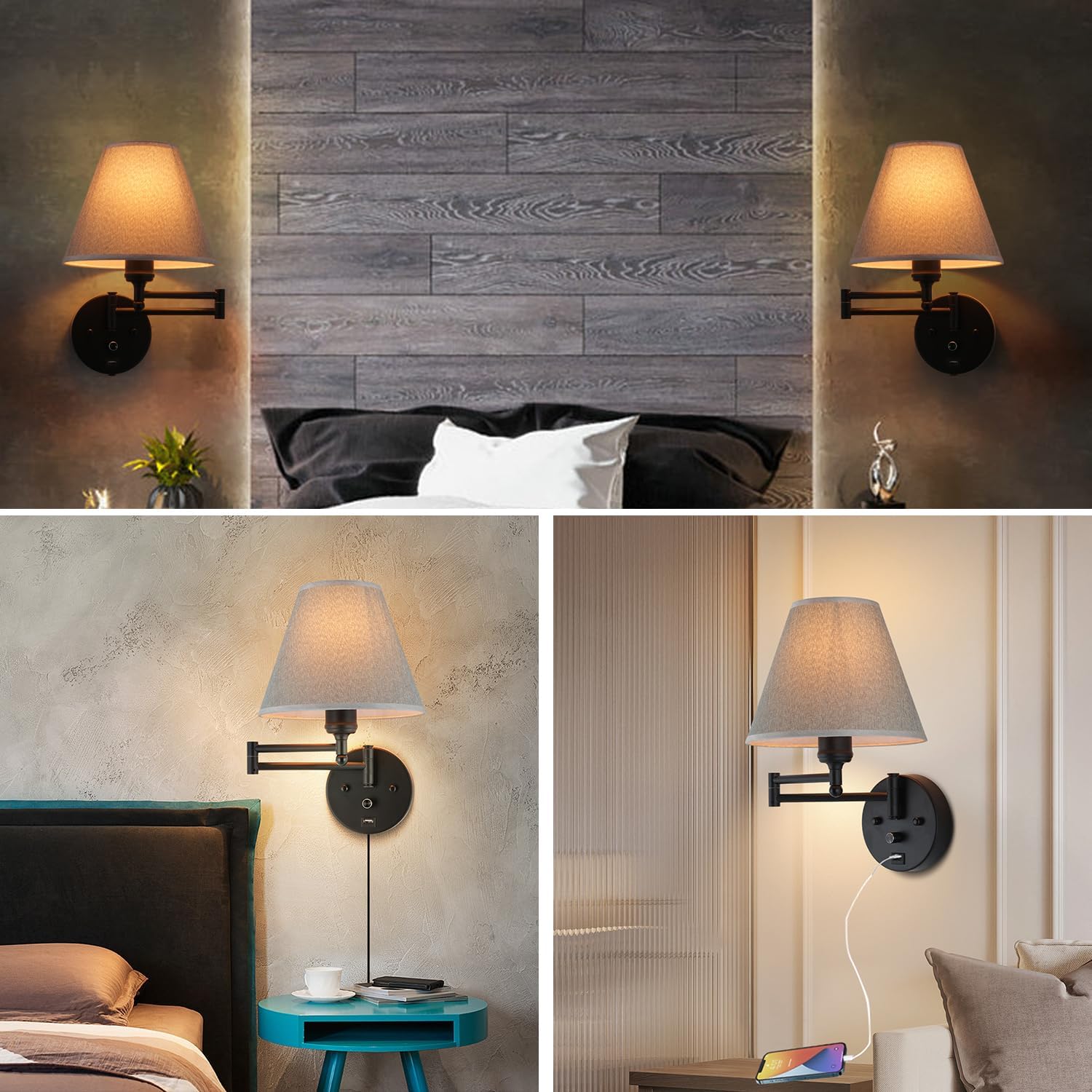 Swing Arm Wall Lamp.Wall Mount lamp with Dimmable Switch.Plug in Wall Sconces with USB Charging Port. Black Sconces