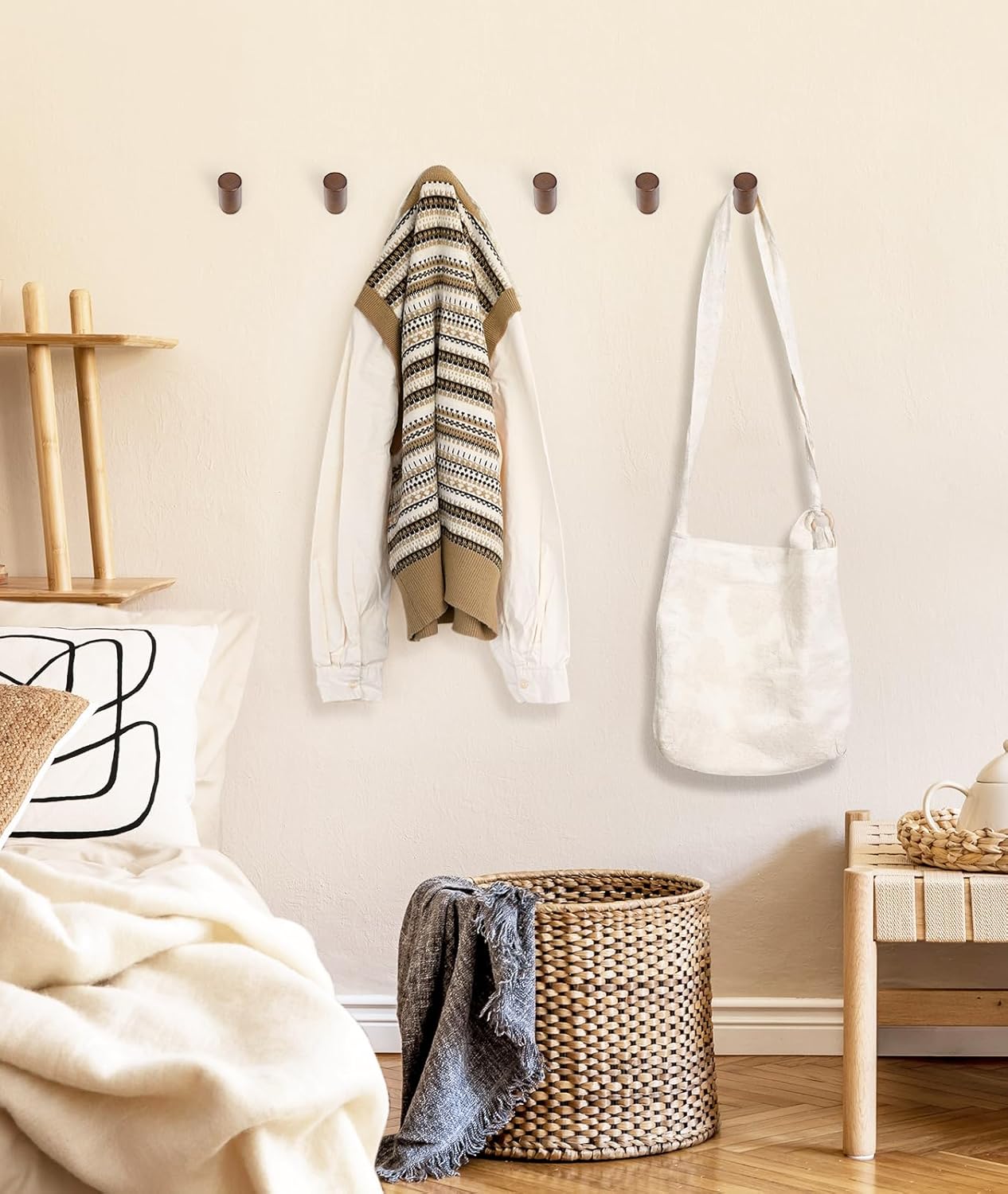 Wood Wall Hooks for Hanging / Walnut / Set of 6