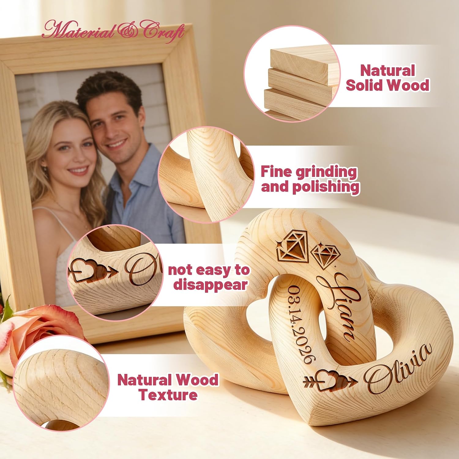 Romantic Wooden Knot / Personalized Interlocking Wooden Hearts