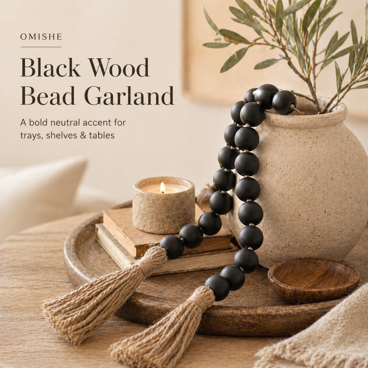 60" Long Extra Large Wood Bead Garland / 3 Black / 60 Inches