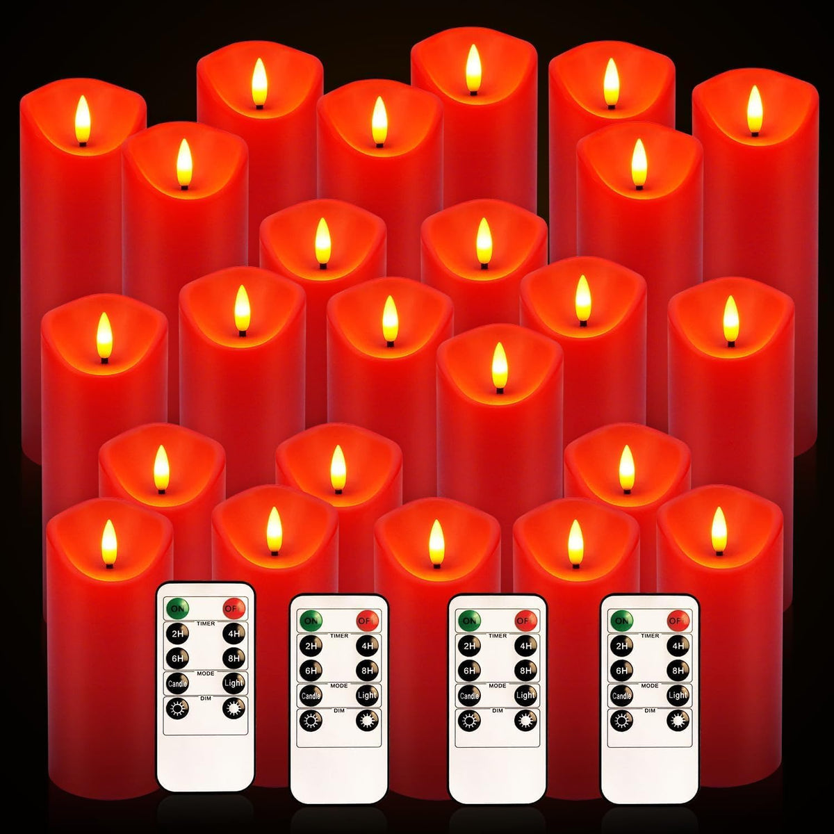 24-Pack Red Flameless LED Candles with Remote - Realistic Flickering Battery - Operated Pillar Candles forValentine's