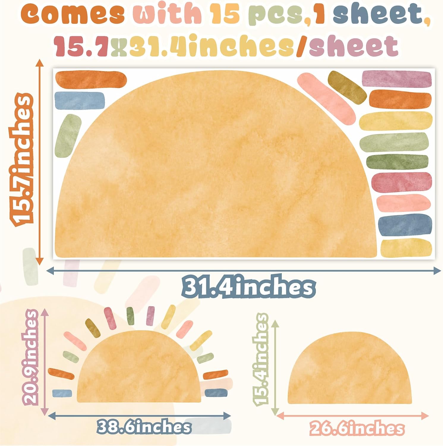 Watercolor Large Sun Wall Decal Boho Sun Sunshine Wall Sticker Peel and Stick Colorful / Big Sun