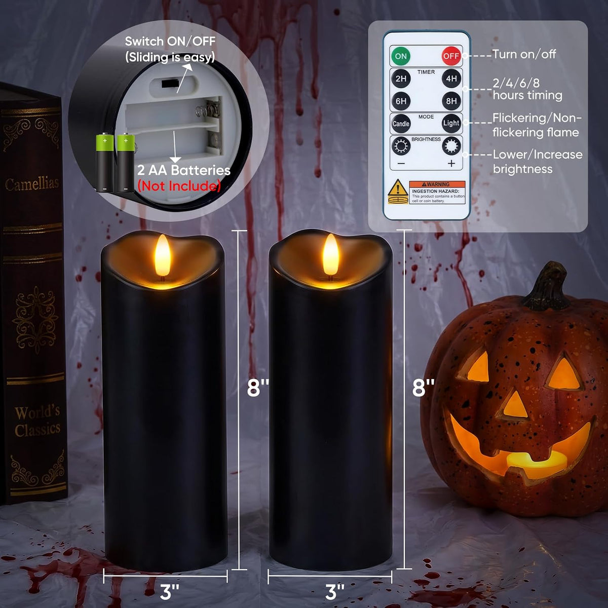 Raycare Black 8"x3" Outdoor Waterproof Flameless Candles with Remote Timer | Battery Operated Fake Pillar Candle