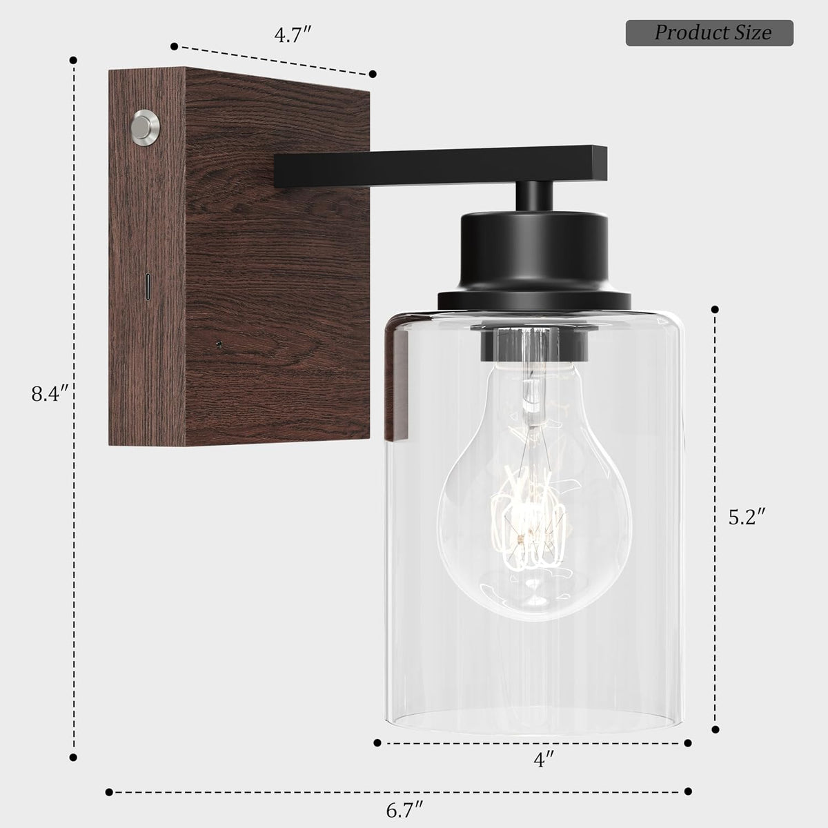 Rayogale Wireless Battery Operated Wall Sconce Set of 2 with Remote Control | Black & Walnut Dimmable Rechargeable Wall