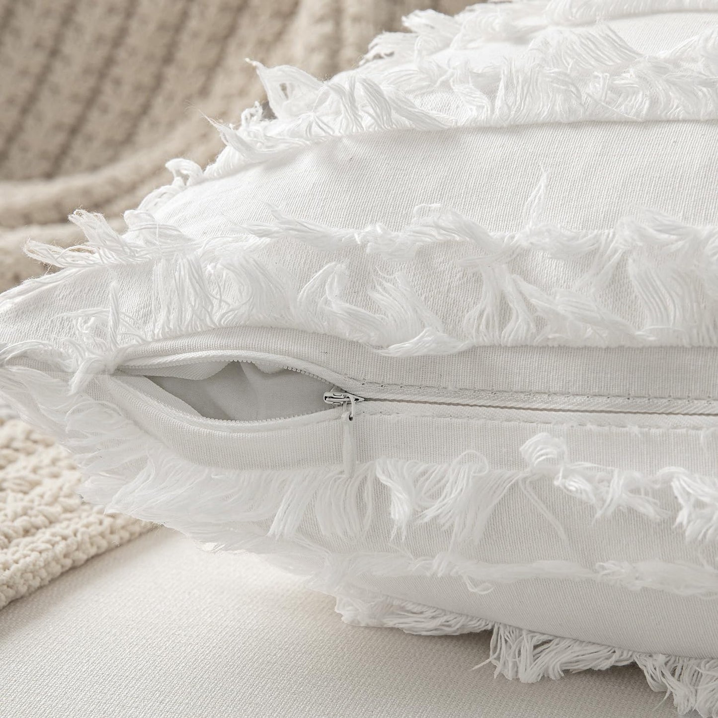 Decorative Boho Throw Pillow Covers Linen Striped Jacquard Pattern / 18 x 18 / White / Set of 2