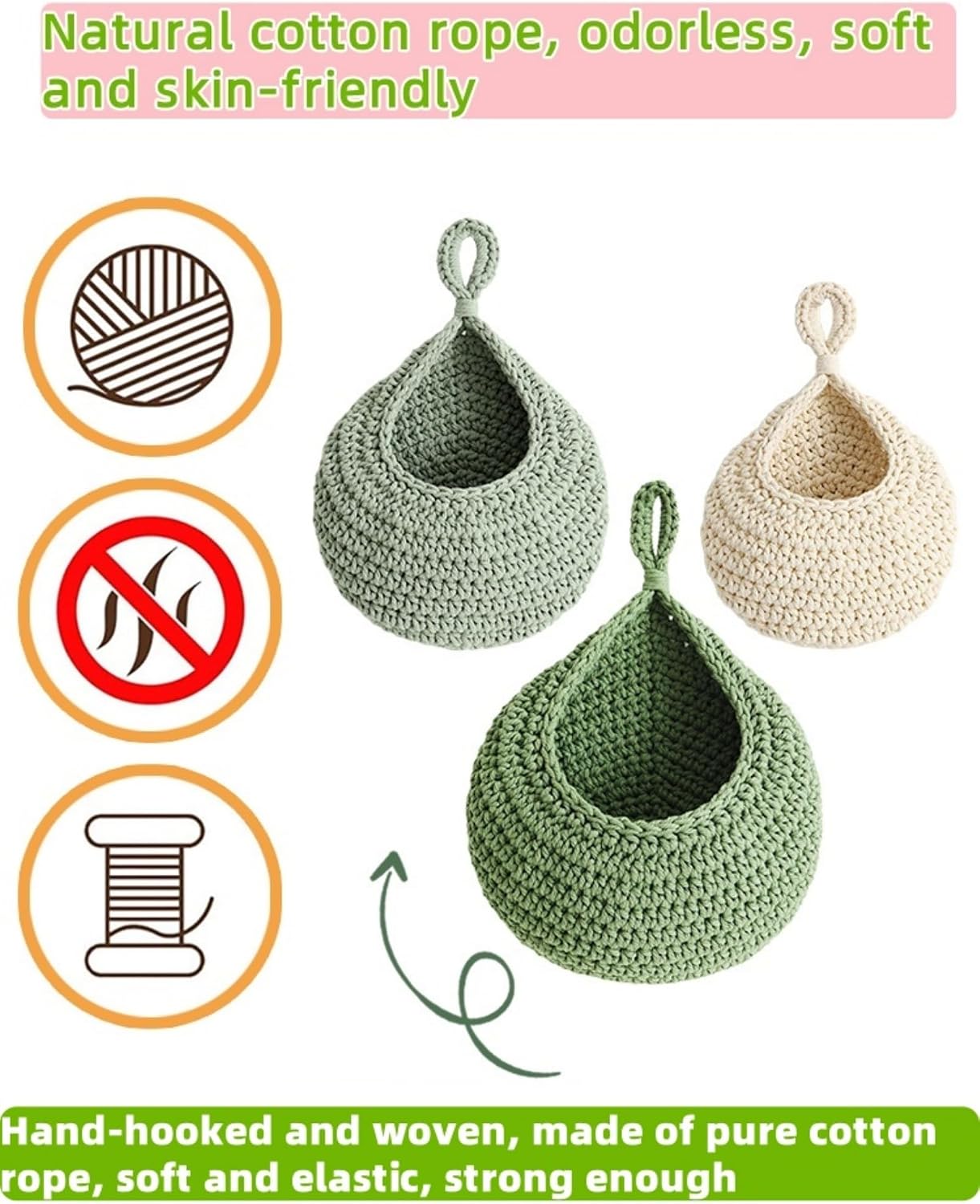 Boho hand-woven hanging linen basket / Set of 3