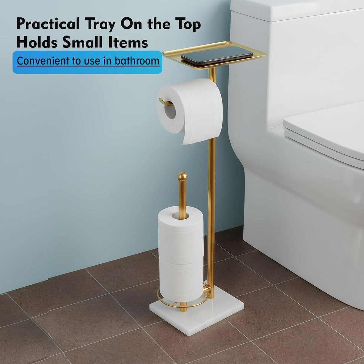 Gold Toilet Paper Holder with Shelf, Free Standing Toilet Paper Holder with Storage - Toilet Paper Stand for Holding