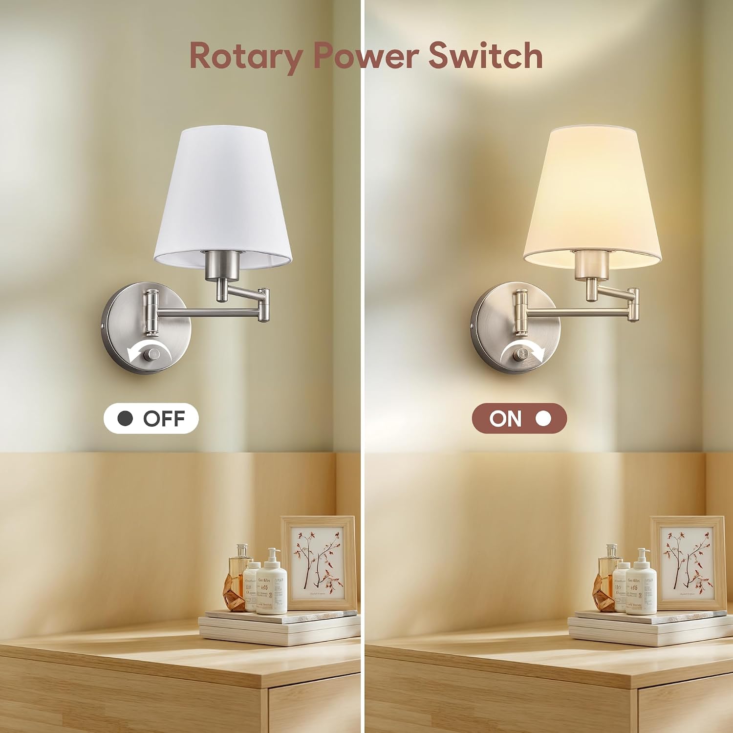 VONLUCE Wall Sconce Set of 2, Plug in & Swing Arm Wall Lamps, Nickel Finish | Modern Wall Lights with White Fabric