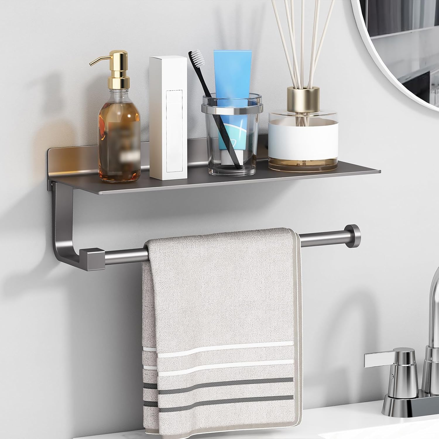 Kitchen Paper Towel Holder with Shelf Wall Mount, Adhesive Hand Towel Holder for Bathroom, Matte Grey