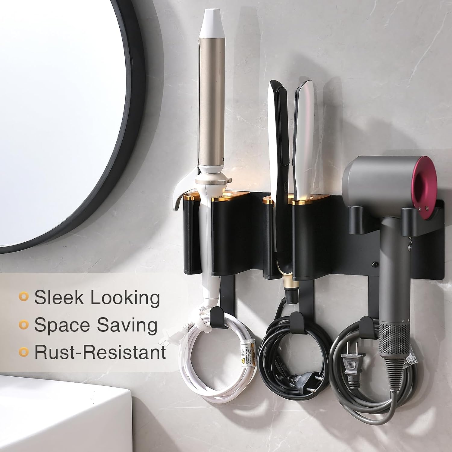 Wall Mount Hair Tool Organizer, Black with Gold Accents | Aluminum Alloy & ABS, 3-Compartment Holder for Hair Dryer