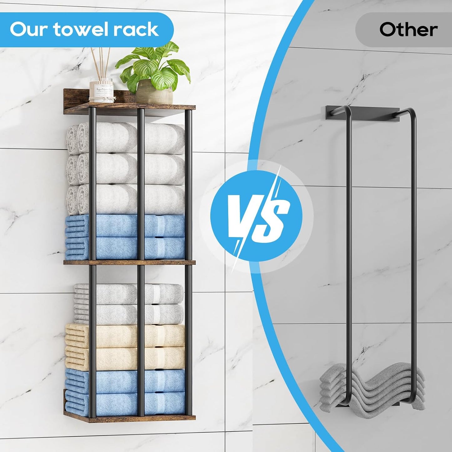 Towel Racks for Bathroom Wall Mounted with Wooden Storage Shelf | Updated 3 Bar Metal Towel Holder for Rolled Towels