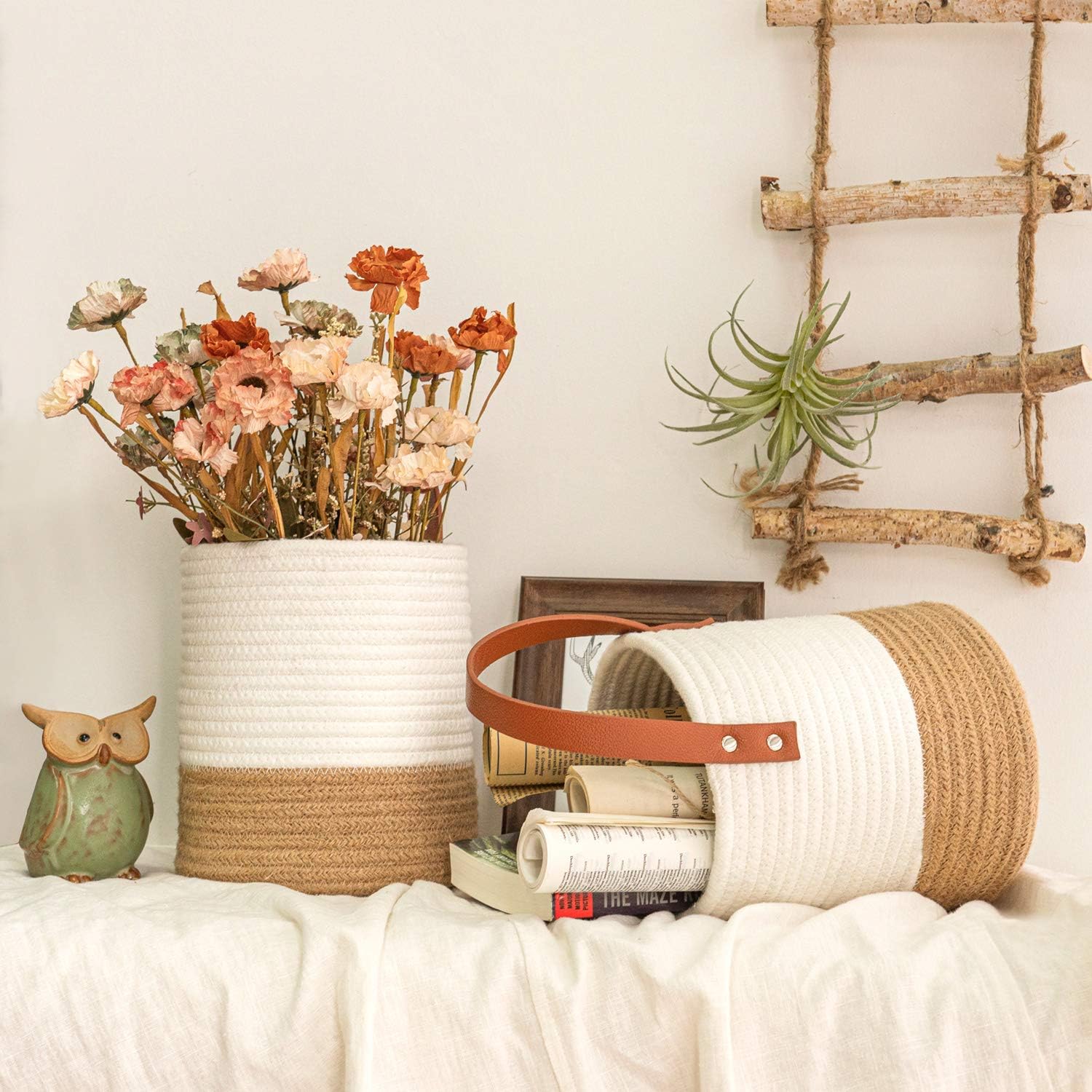 Woven Basket Key Storage / Jute & White / Set of 2