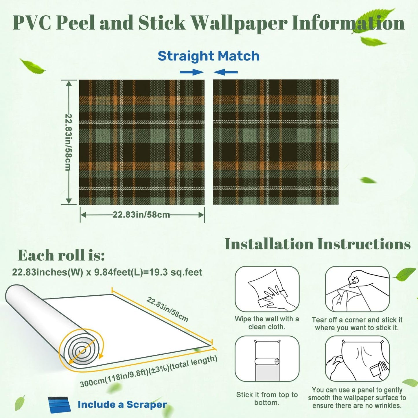 Peel and Stick Wallpaper Plaid green Herringbone textured seamless / Multi8 / 24 x 118 / Brown
