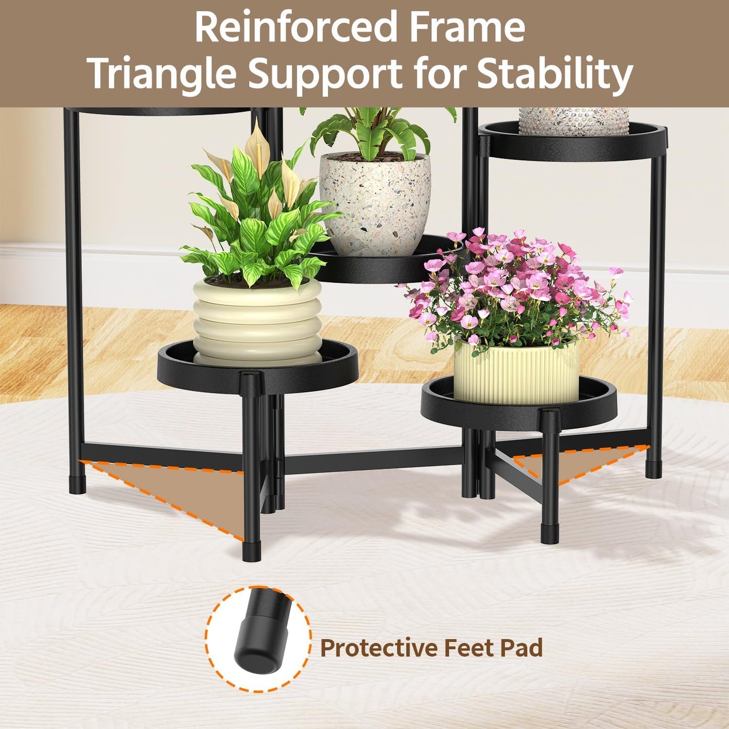 LASZOLA Plant Stand Indoor Outdoor Tall with Plastic Tray, 6 Tiers Black | Corner Folding Flower Display Rack, Modern