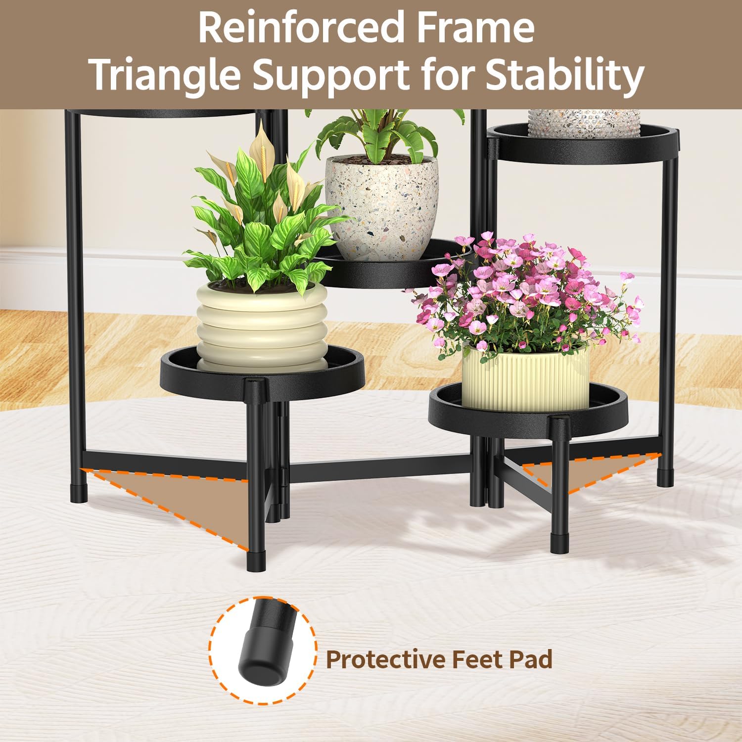 LASZOLA Plant Stand Indoor Outdoor Tall with Plastic Tray, 6 Tiers Black | Corner Folding Flower Display Rack, Modern